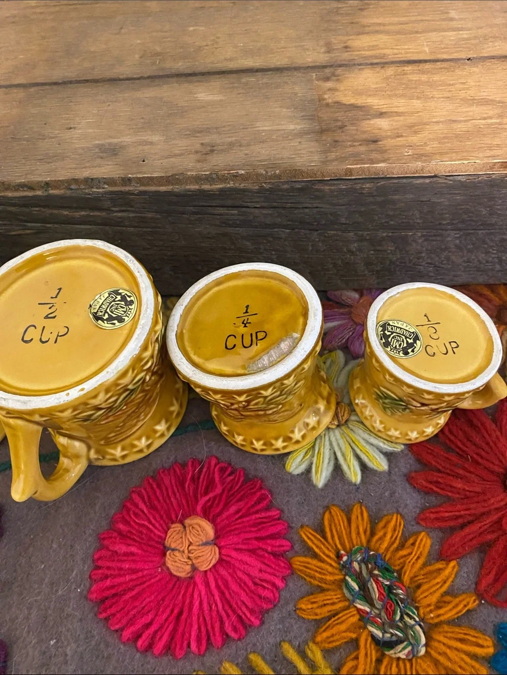 Yellow Ceramic Bird Japanese measuring cups- 4 Vintage Style , normal wear.